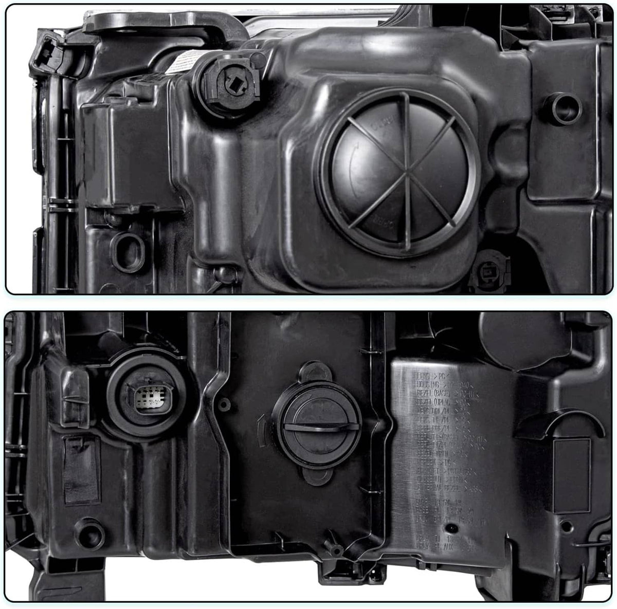 Headlight housing back view with wiring ports, circular cap, and mounting points