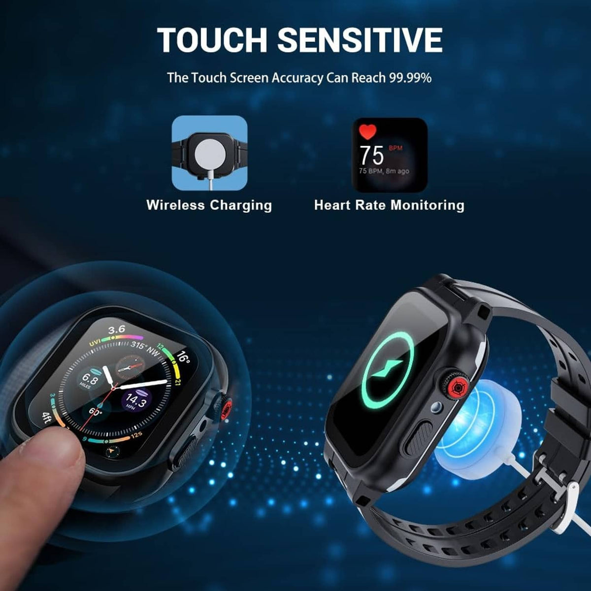 Waterproof touchscreen smartwatch case with protective screen cover and side button