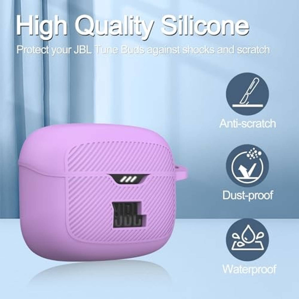 Purple silicone earbuds case with textured shell, JBL logo, protective earbuds cover