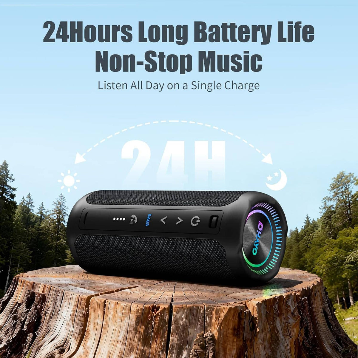Black cylindrical wireless Bluetooth speaker with glowing front LED ring and control panel