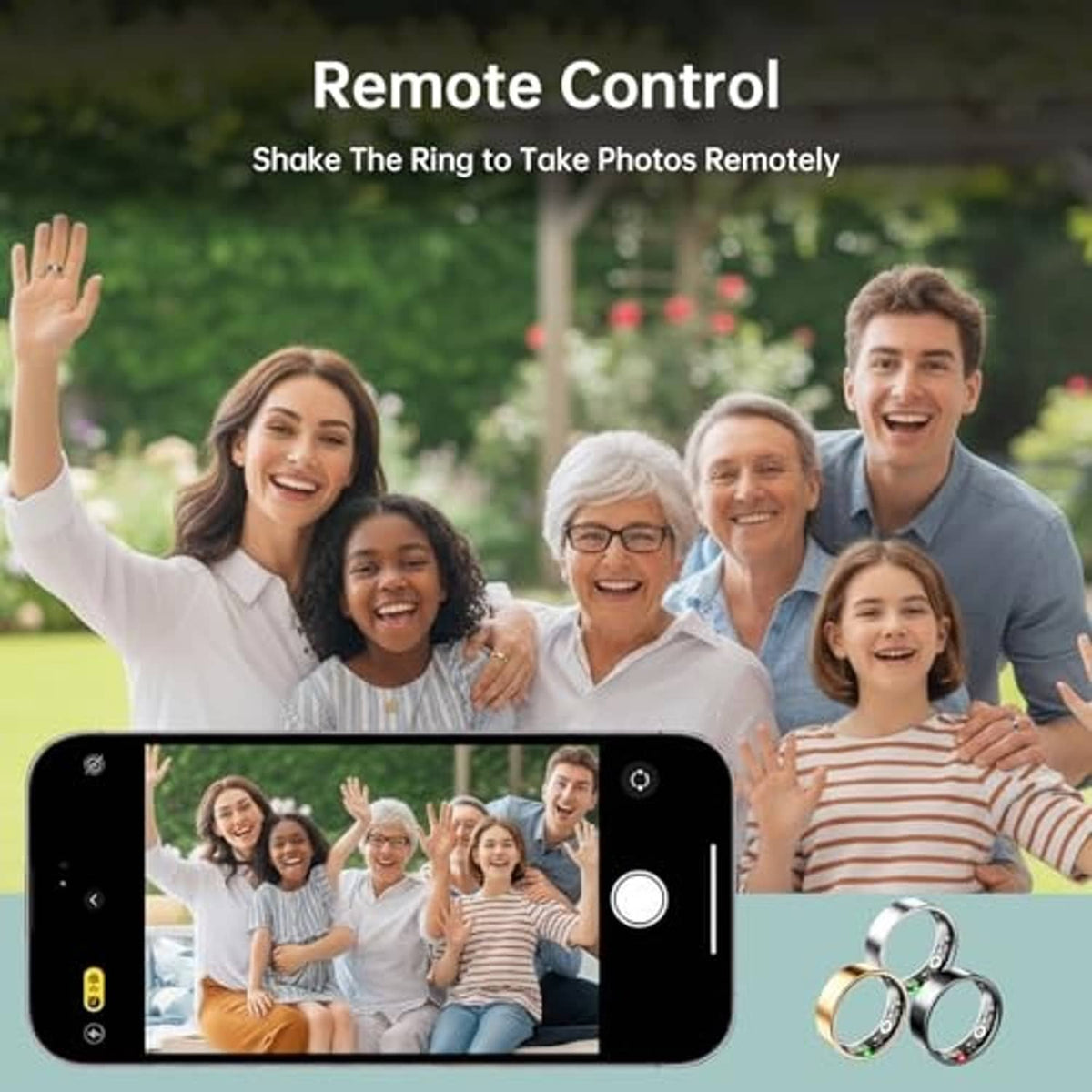Smart ring remote control for taking photos with ring pair and phone preview