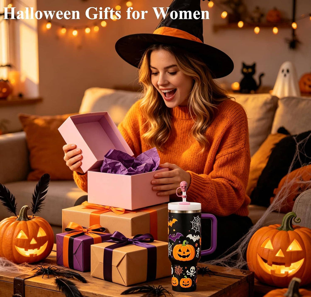 Halloween skull-pattern drink tumbler with matching skull straw topper