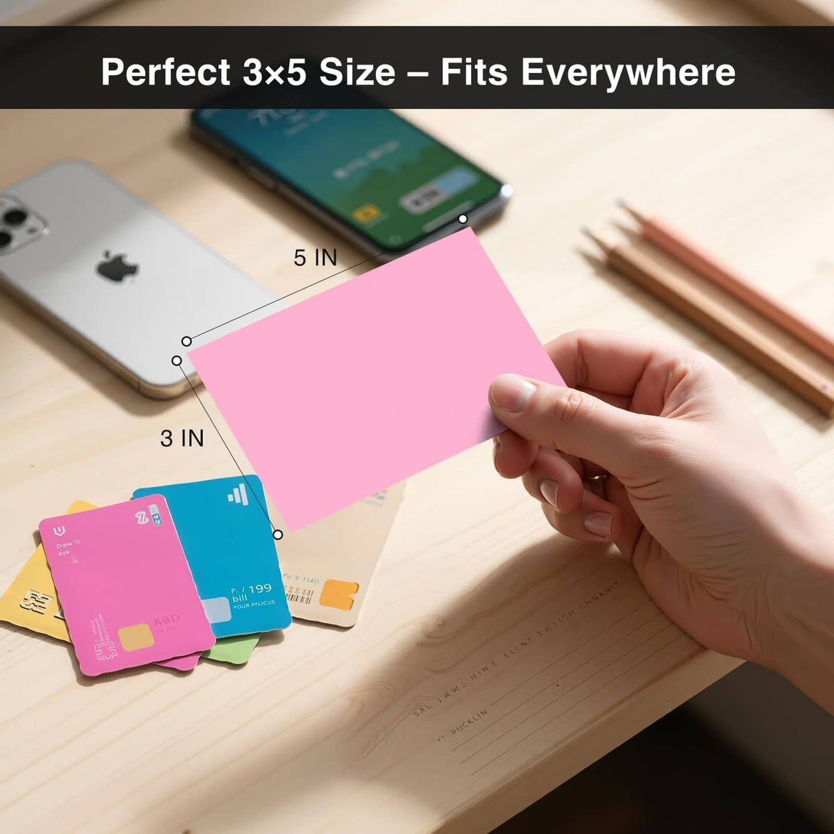 Pink 3x5 blank index card held by hand on desk