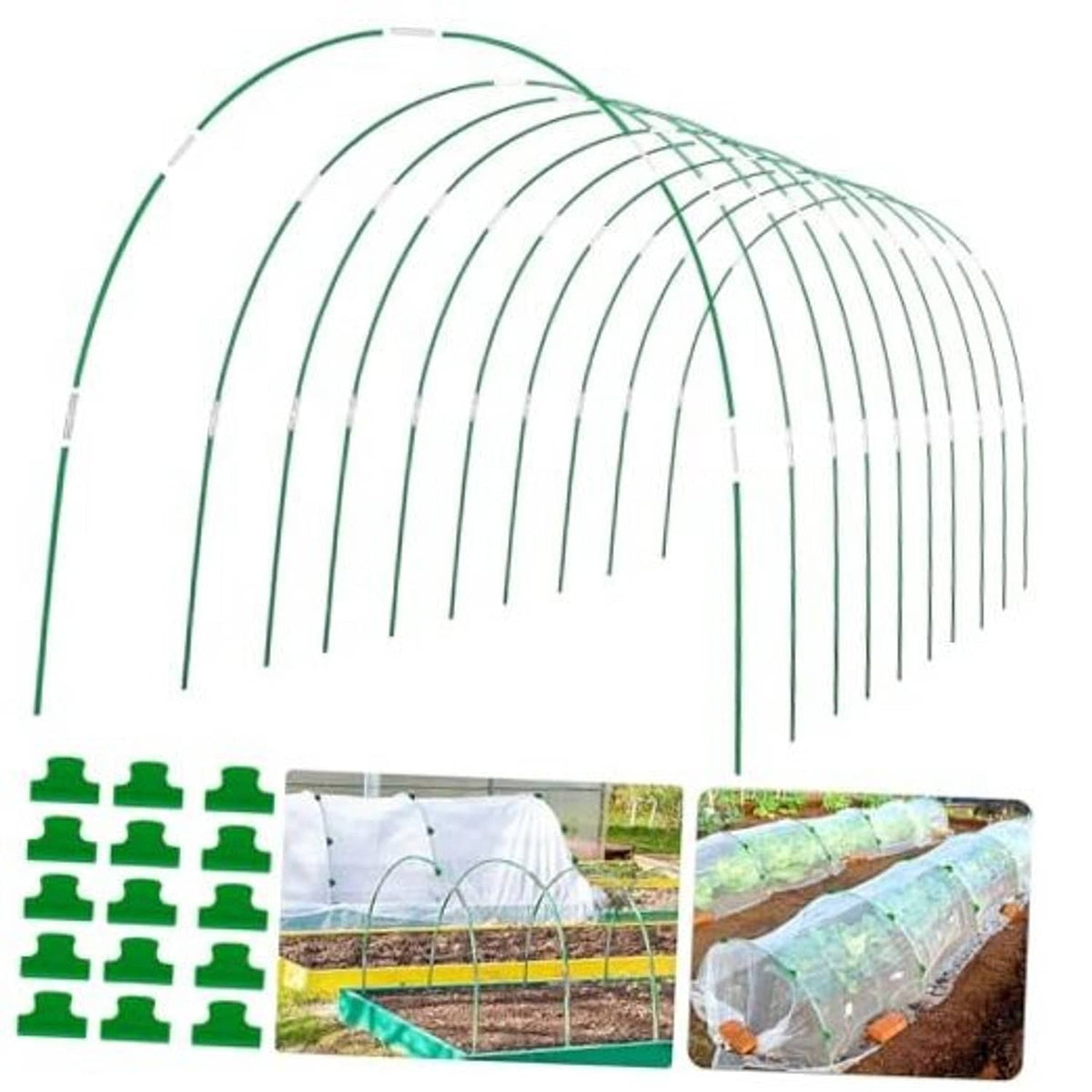 Green greenhouse grow tunnel hoops, curved fiberglass rods for raised beds