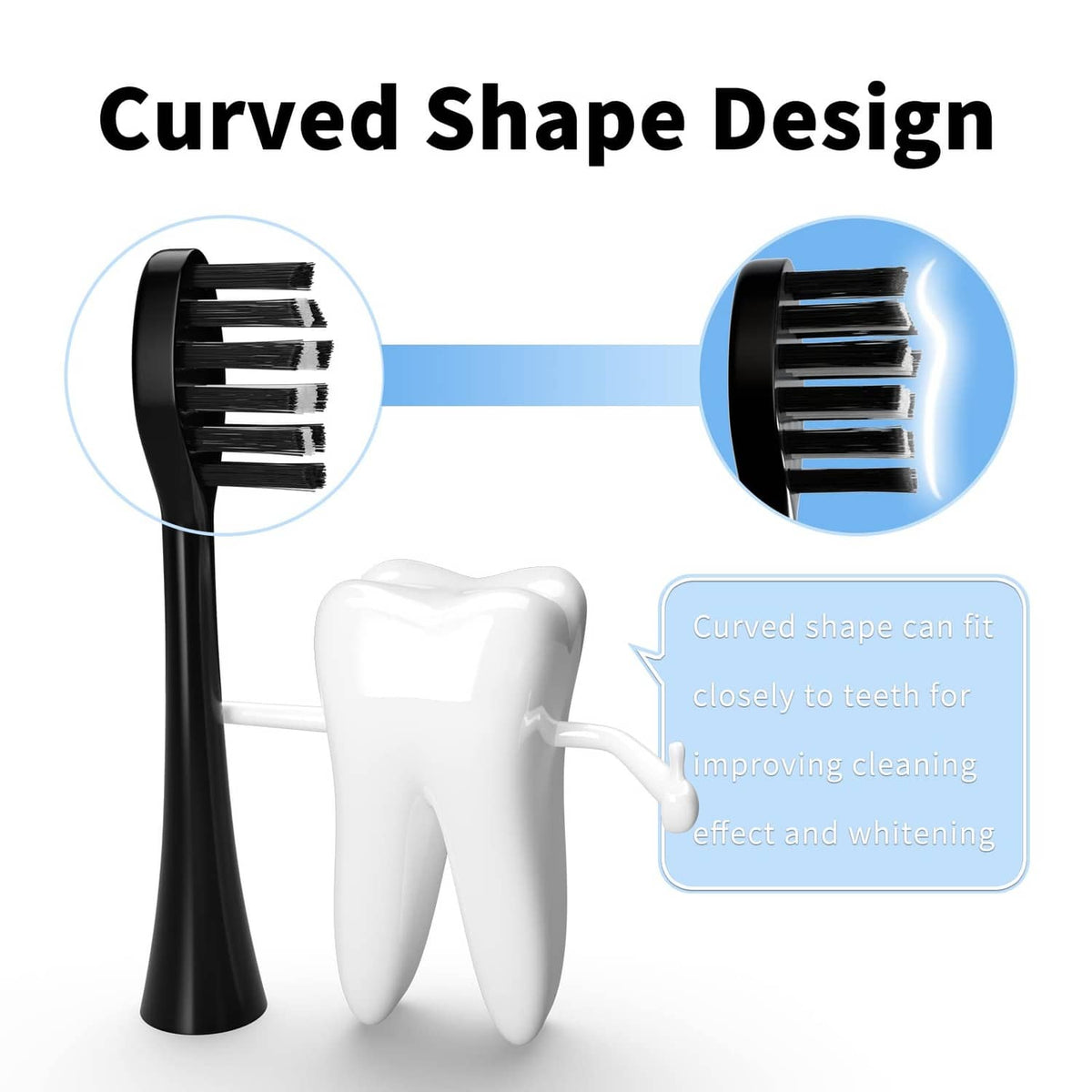 Curved black replacement brush head with dense bristles for fitting tooth contours
