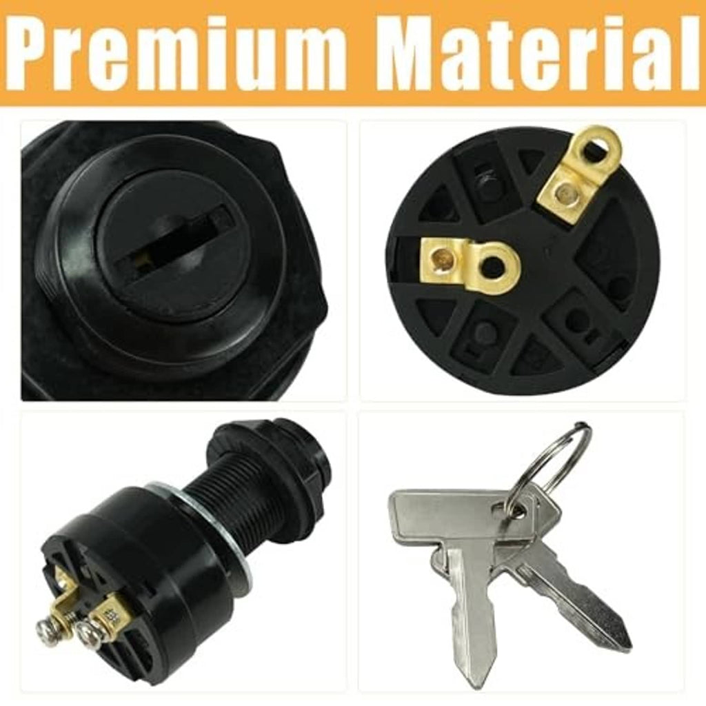 Black key switch housing with brass terminals, threaded stud, and metal key set