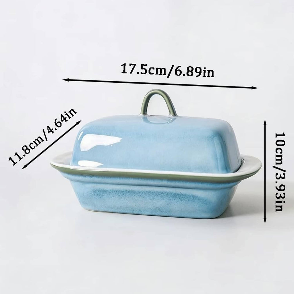 Blue ceramic butter dish with lid, sized 17.5 x 11.8 x 10.3 cm rectangular tray