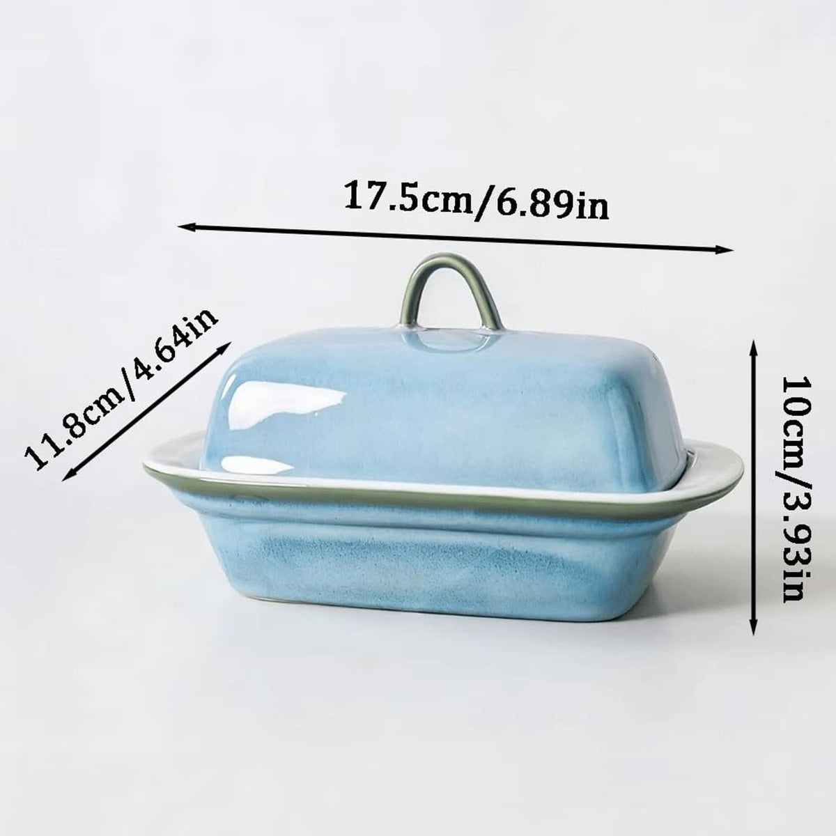 Blue ceramic butter dish with lid, sized 17.5 x 11.8 x 10.3 cm rectangular tray