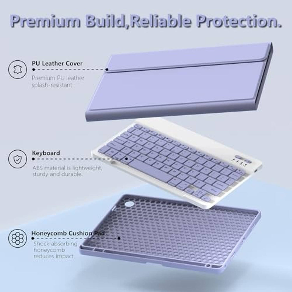 Purple tablet keyboard case with PU leather cover and honeycomb cushion pad