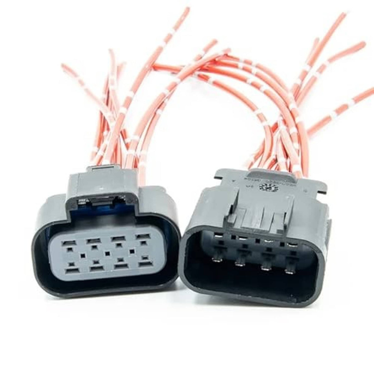 Headlight wiring connector pigtail pair with gray housings and red-striped leads, two views