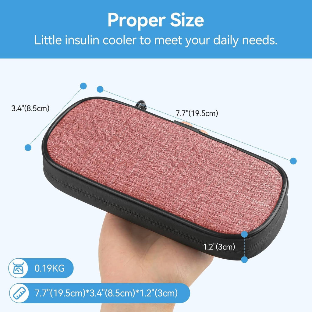 Pink compact insulin cooler case with black trim, shown being held for size