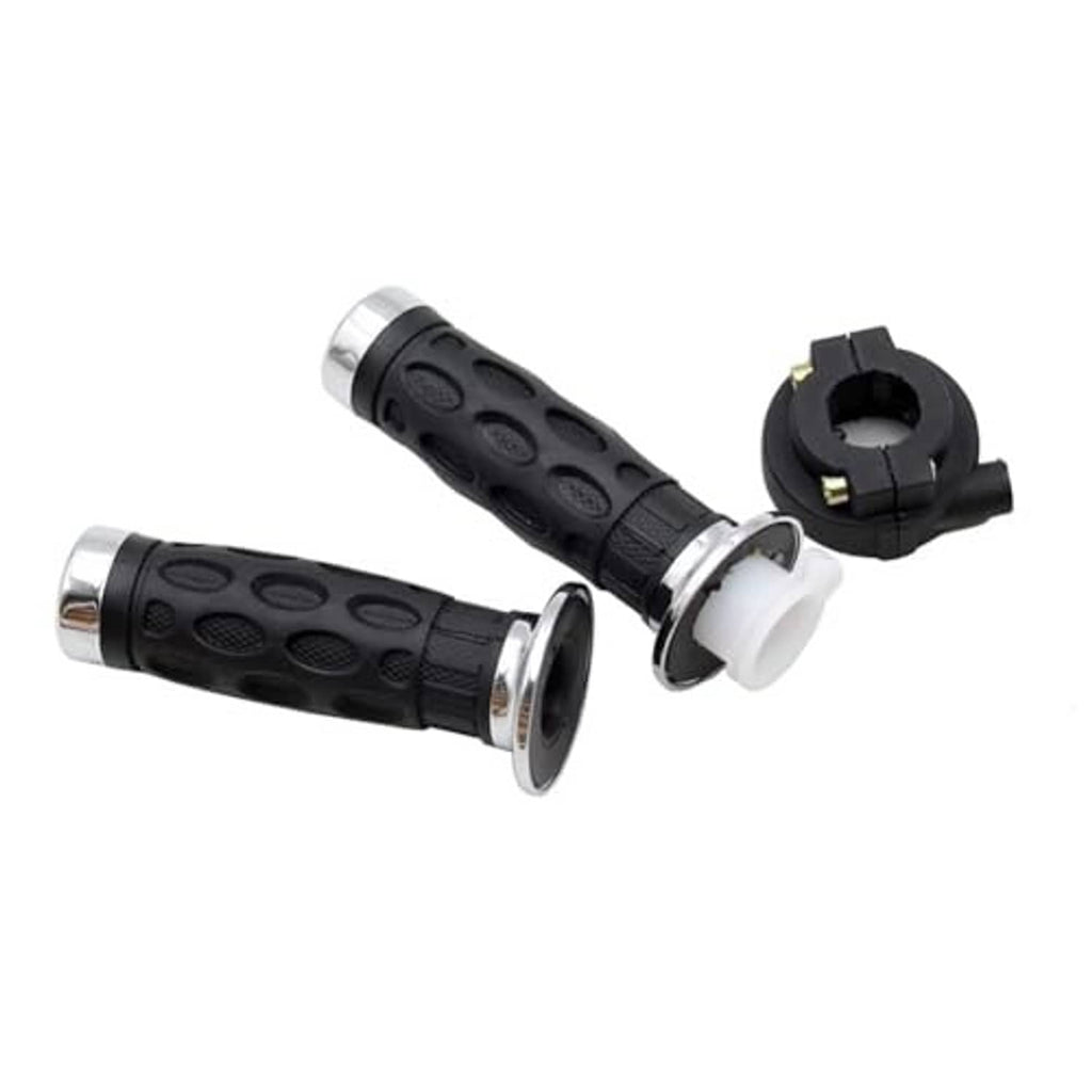 Twist throttle grips with black housing and white cable grommets for handlebar mount