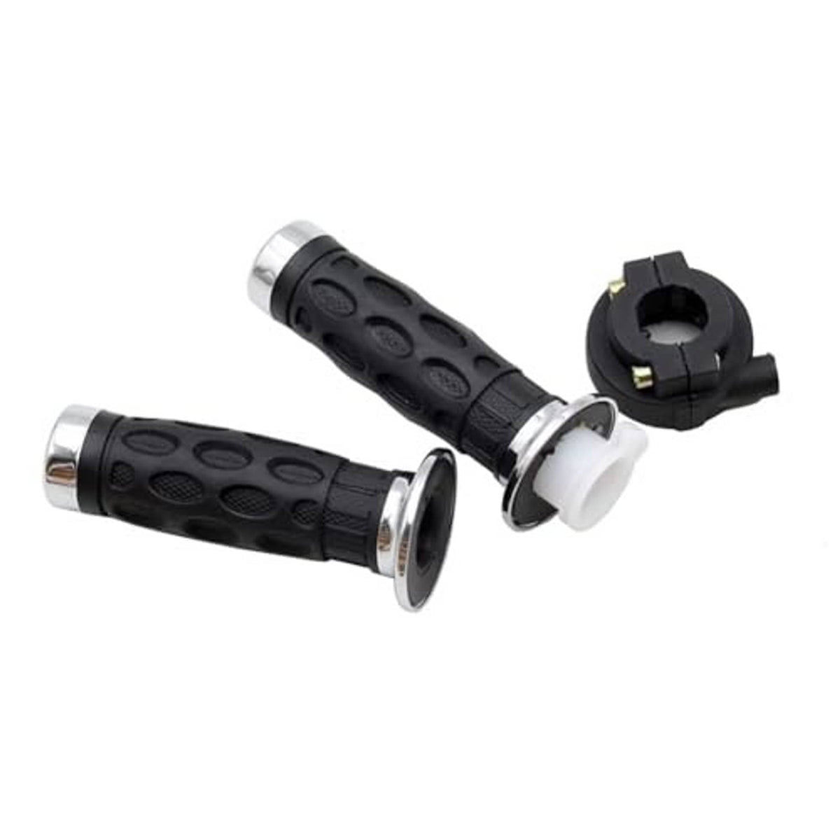 Twist throttle grips with black housing and white cable grommets for handlebar mount