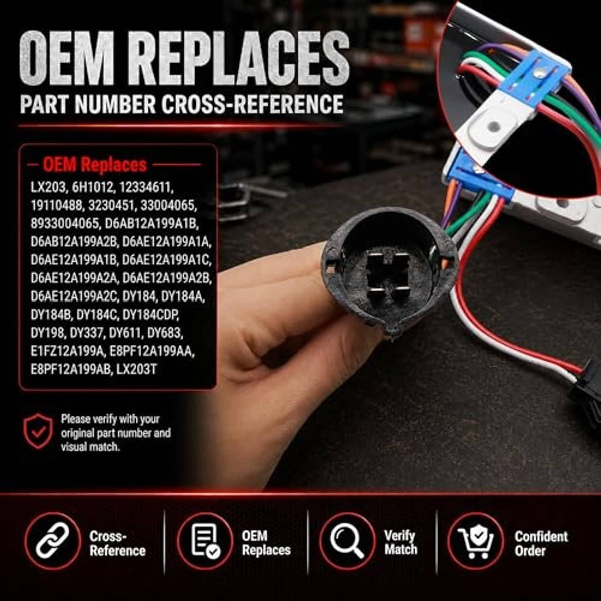 Ignition control module with wire harness and circular connector socket, finned white housing