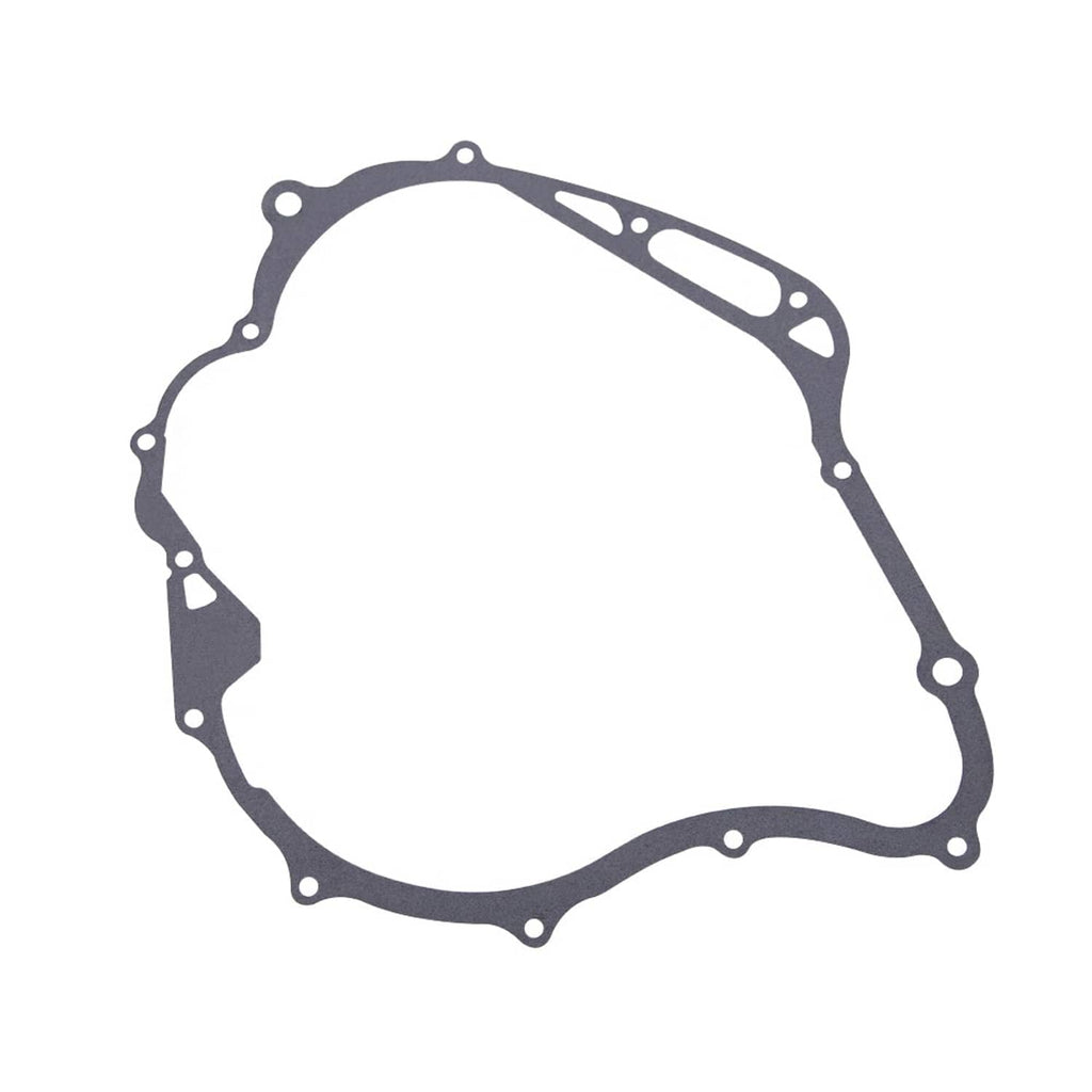 Left side crankcase cover gasket, gray with bolt holes and rectangular cutout