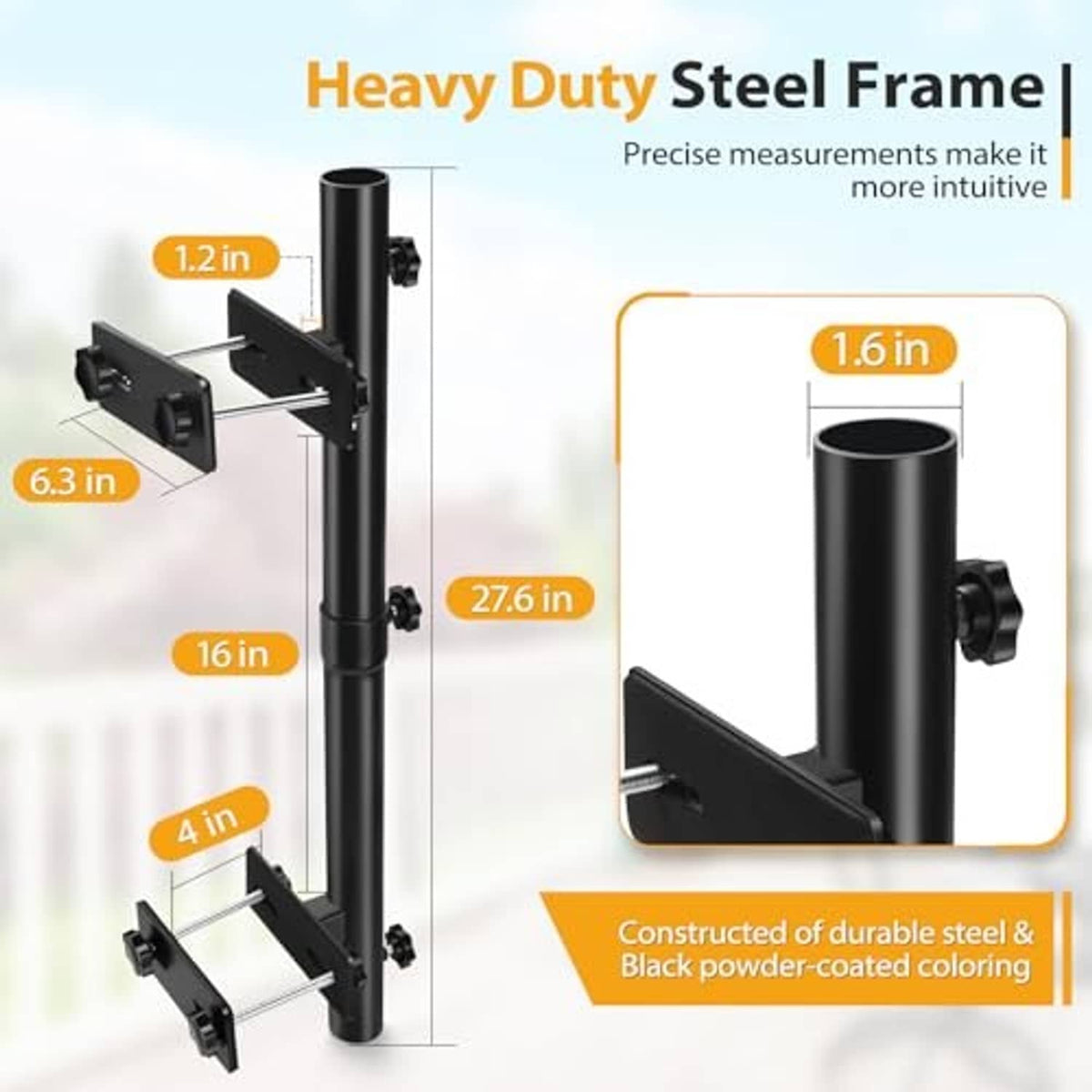 Black steel umbrella post mount with dual clamp arms and circular collar