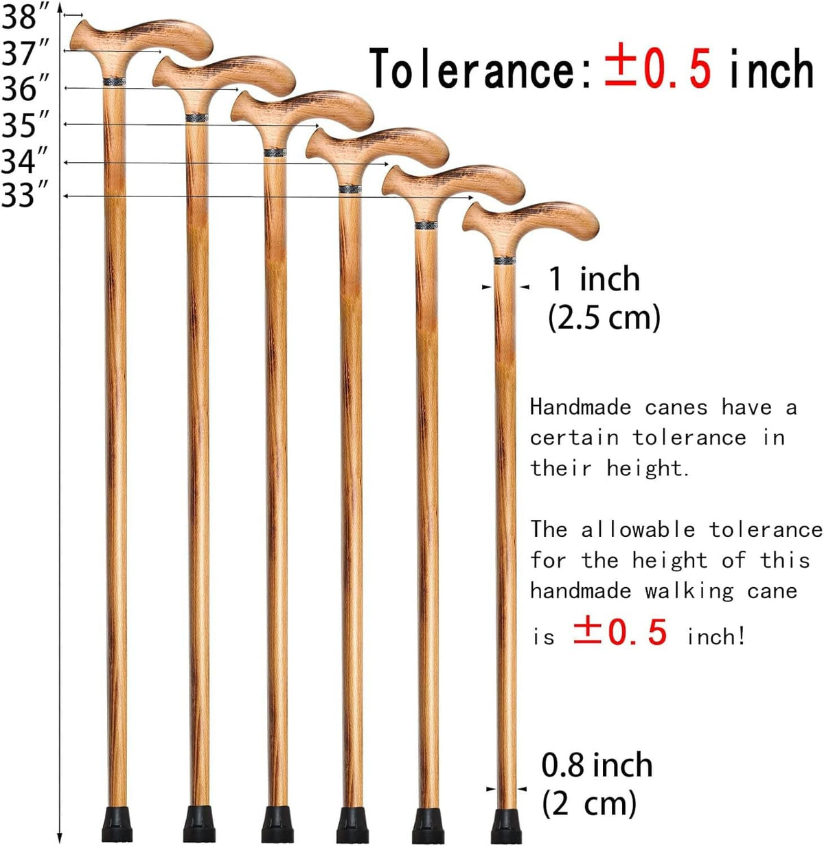 Set of handmade wooden walking canes with curved handles and black rubber tips