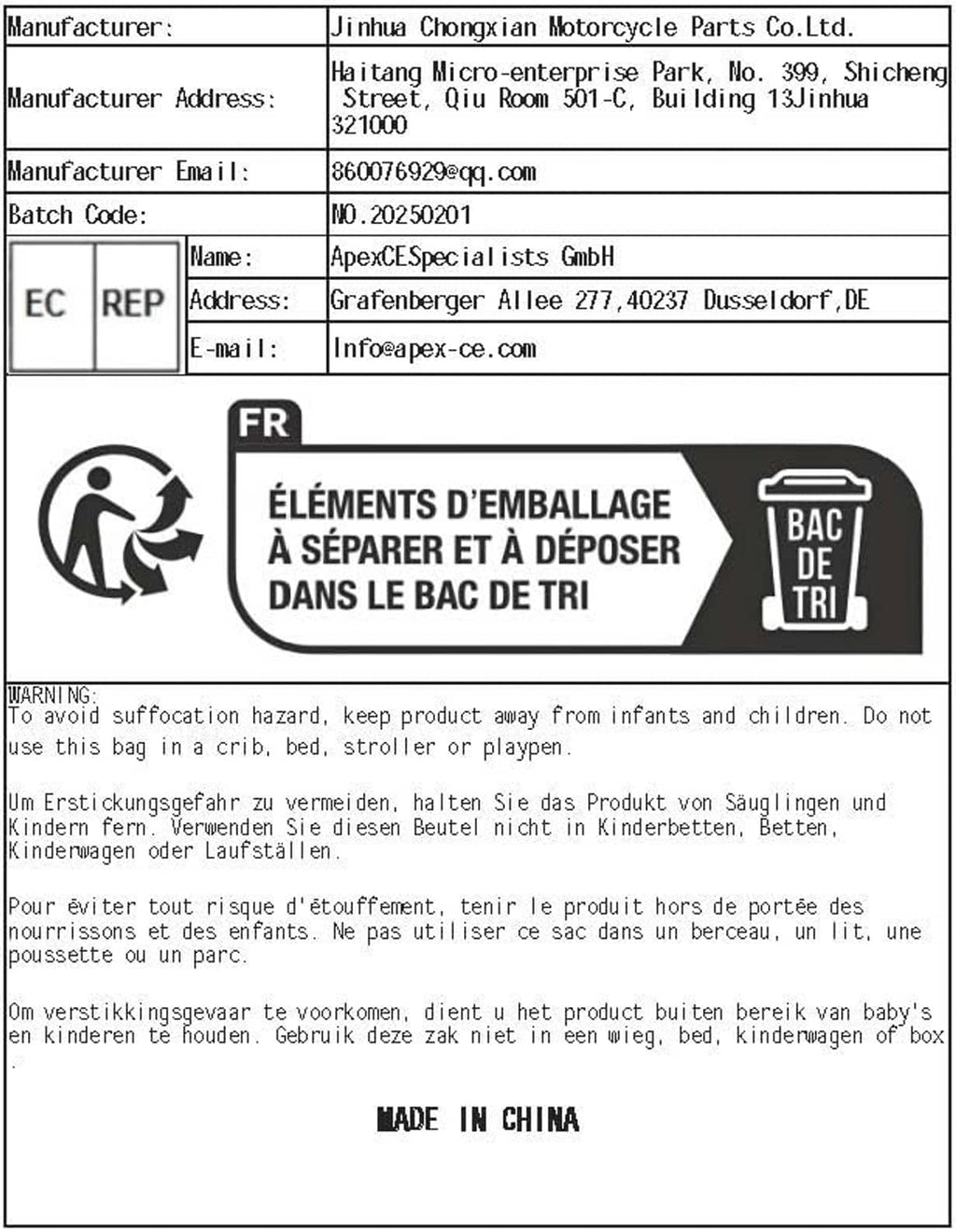 Packaging label with manufacturer information and handling instructions