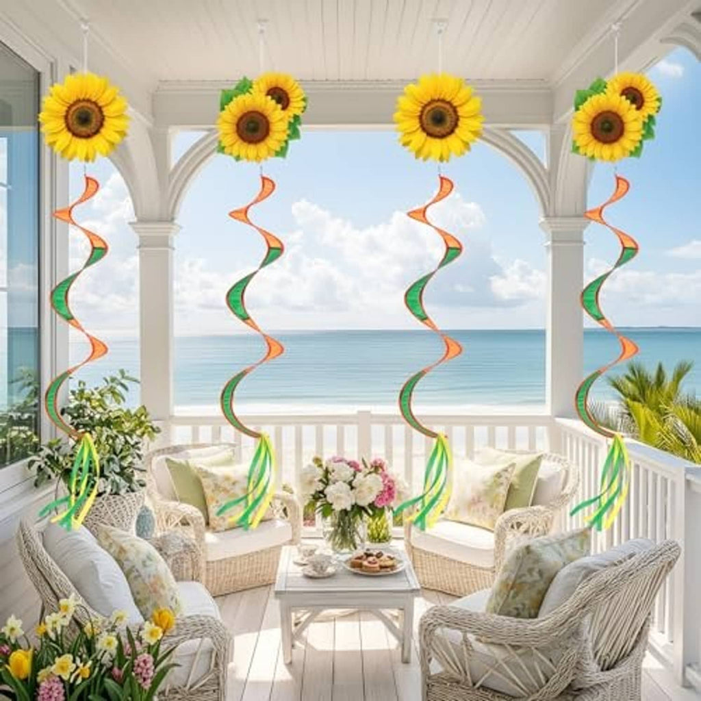 Sunflower windsock hanging decor on outdoor porch with orange-green ribbon spirals