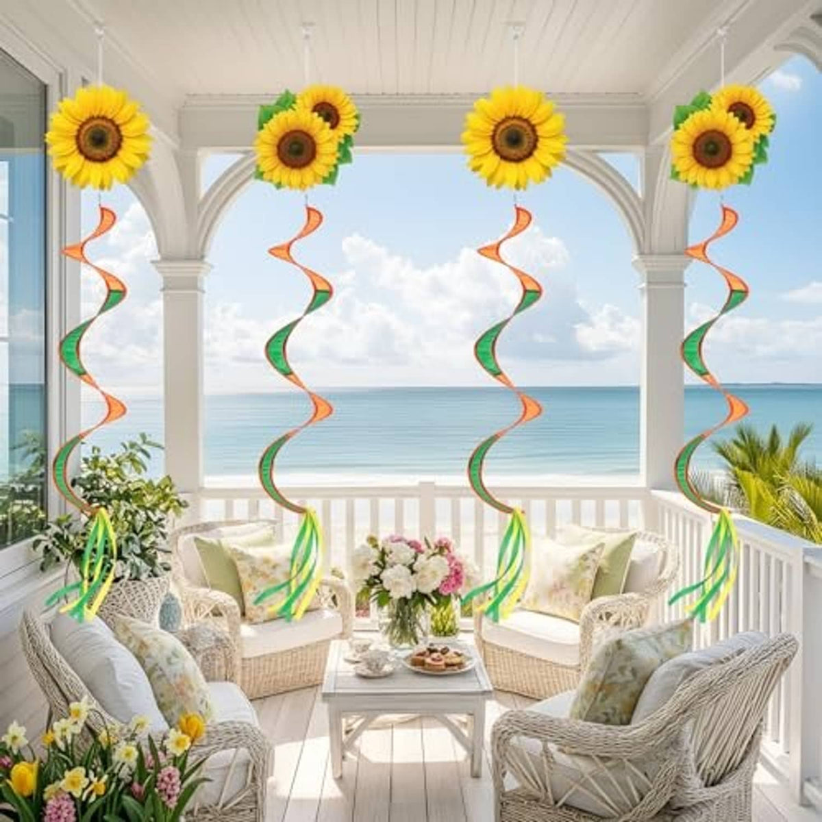 Sunflower windsock hanging decor on outdoor porch with orange-green ribbon spirals