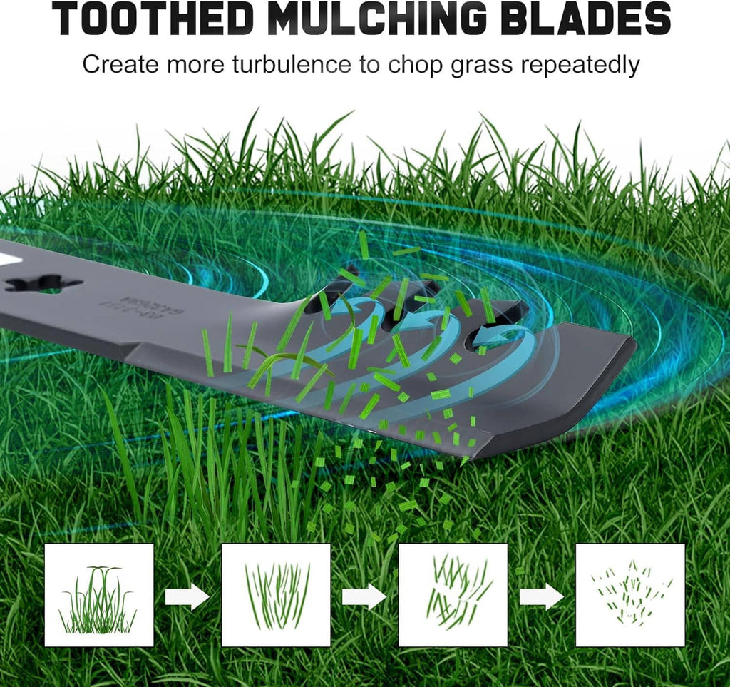 Toothed mulching mower blade with aggressive grass-chopping cutting teeth