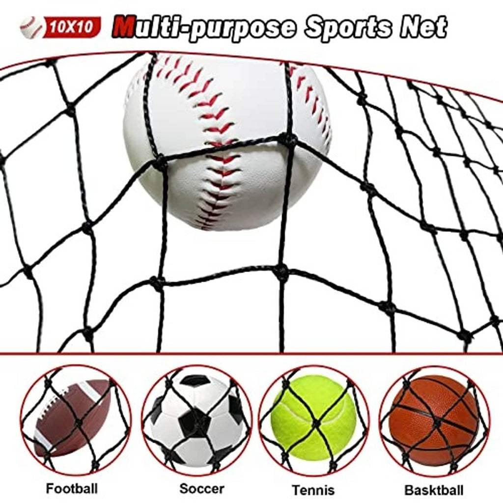 Multi-purpose sports net with square mesh, supporting baseball, soccer, tennis, and basketball