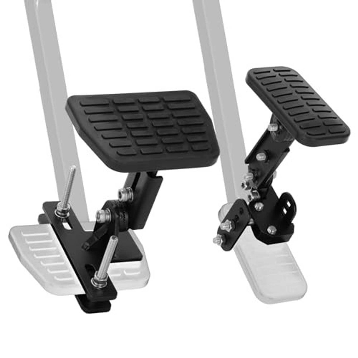 Pair of black brake pedal extenders with ridged footpads and adjustable mounting
