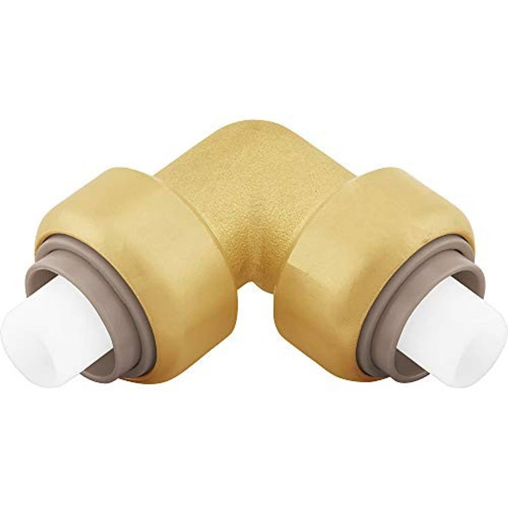 Gold/yellow 90-degree push-on elbow connector with two white end caps