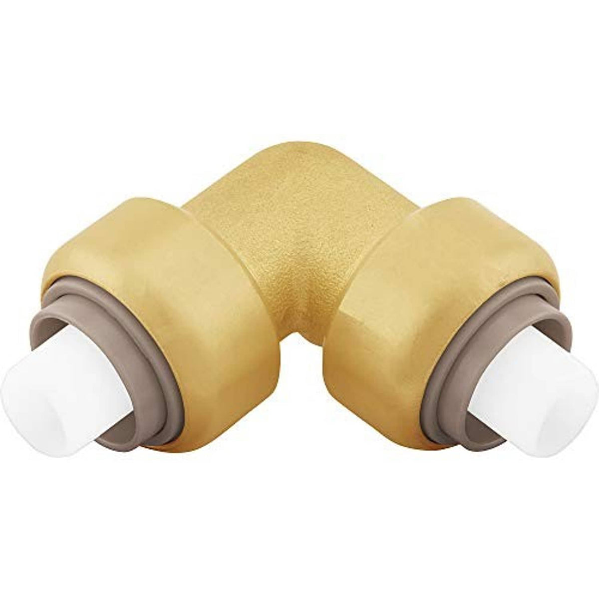 Gold/yellow 90-degree push-on elbow connector with two white end caps