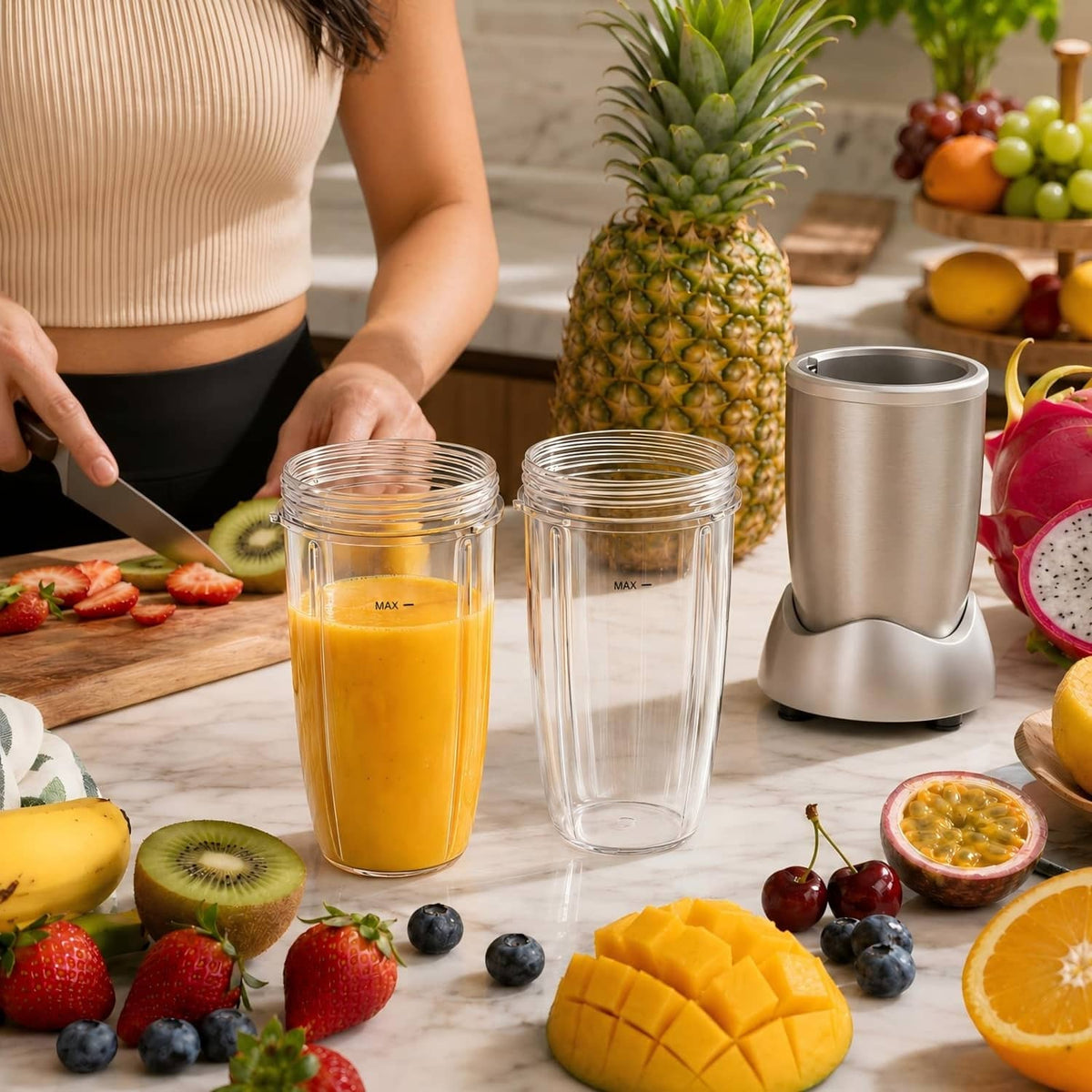 Clear blender replacement cups on kitchen counter with orange blended drink