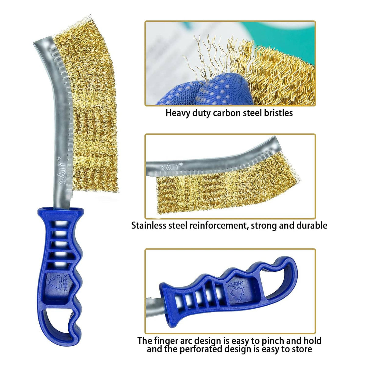 Wire brush with blue ergonomic handle and gold bristle pad, silver curved metal neck