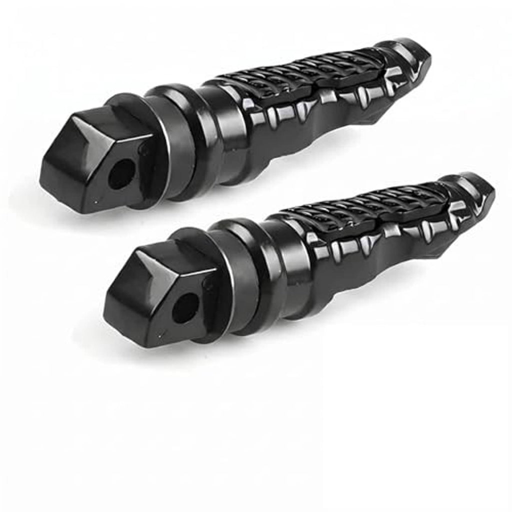 Two-piece set of black motorcycle passenger foot pegs with textured grip and screw hole