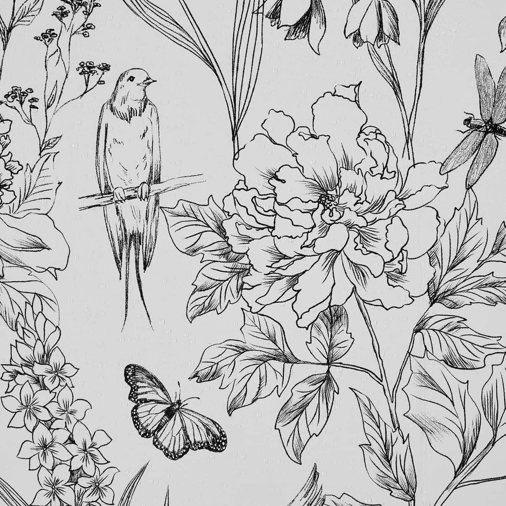 Botanical floral self-adhesive wallpaper sheet with white background, black flowers and birds
