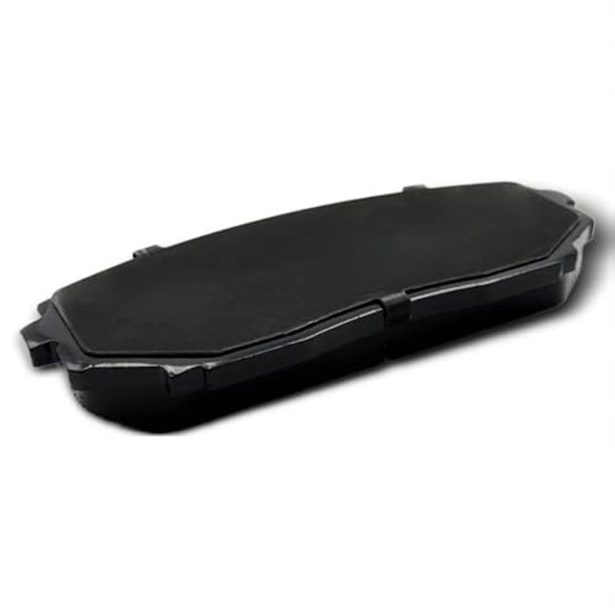Ceramic brake pad shown from the black backing side with mounting clips, angled view