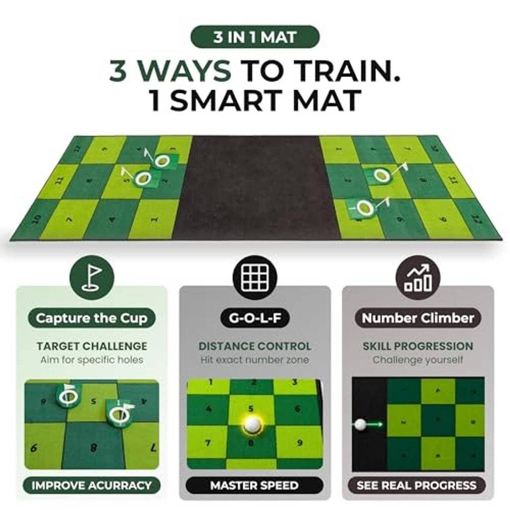 3-in-1 green-and-black putting mat with multiple target cups and numbered training zones