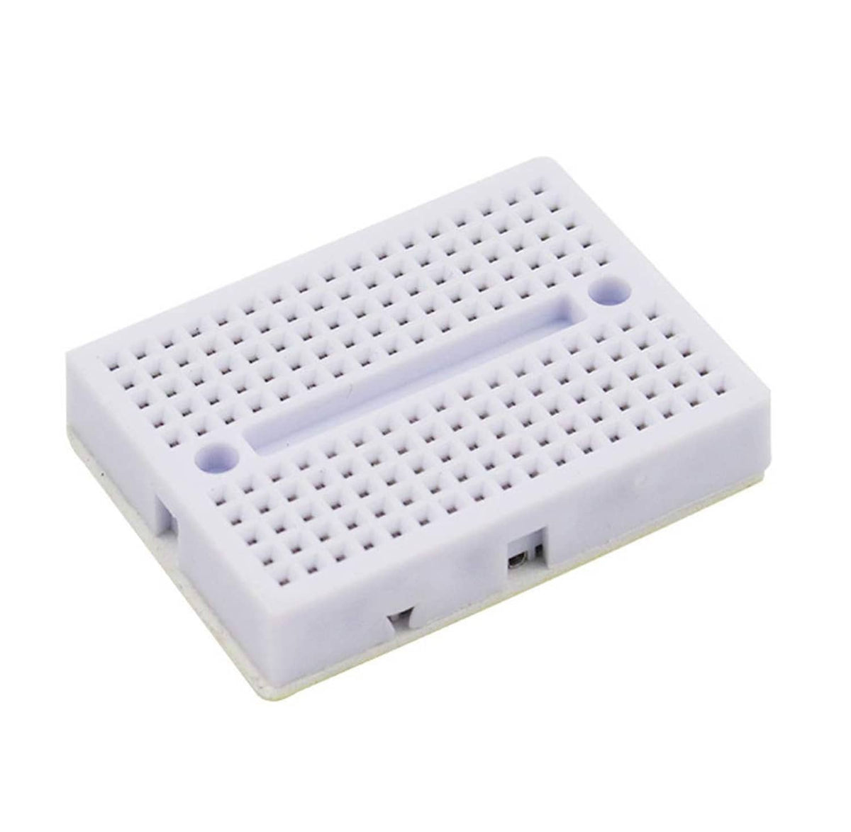White mini solderless breadboard, 170 points, with two mounting holes and pin grid.