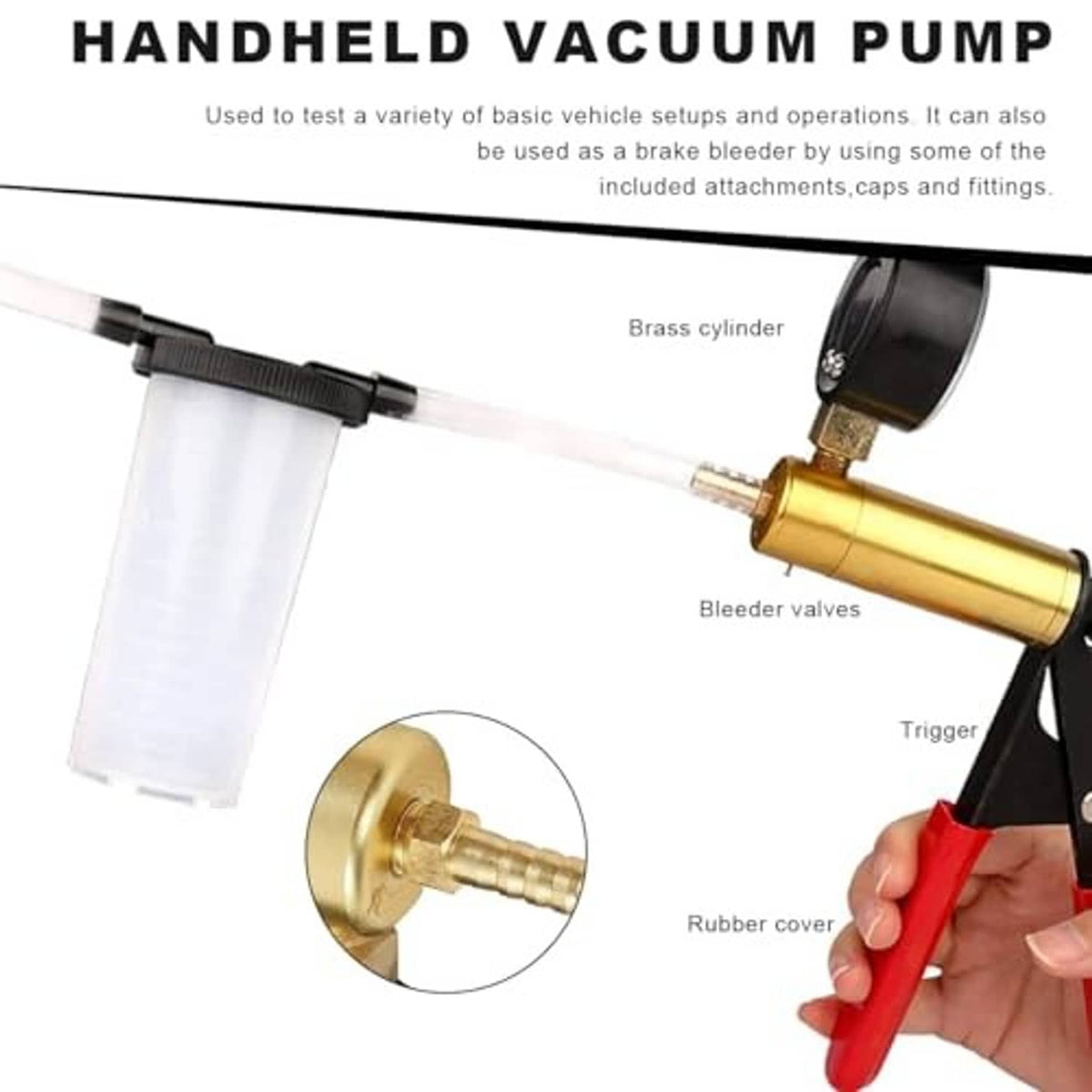 Handheld vacuum pump with brass cylinder, clear hose, gauge, and red trigger handle