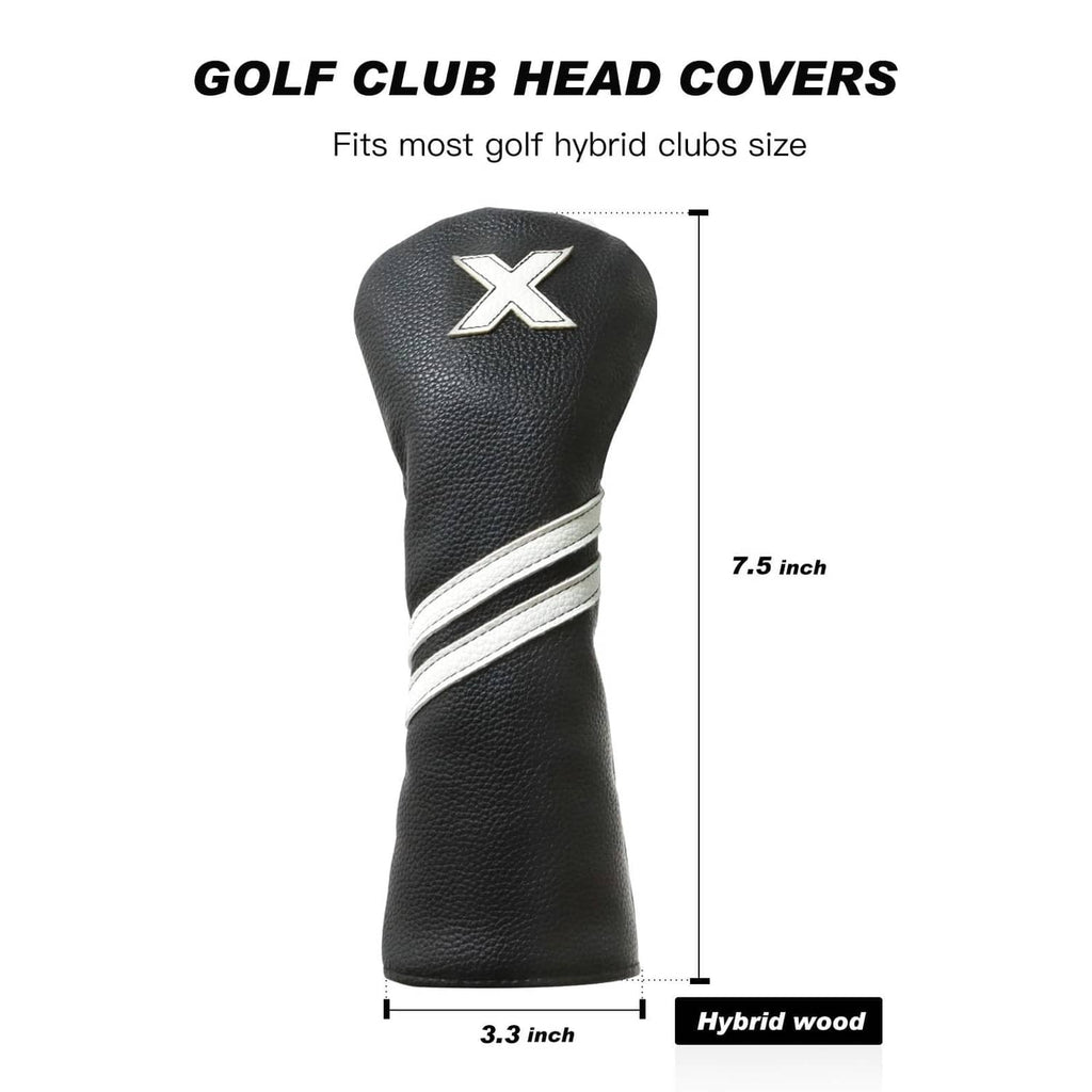 Black PU golf club hybrid headcover with white stripe and X logo, 7.5 in tall