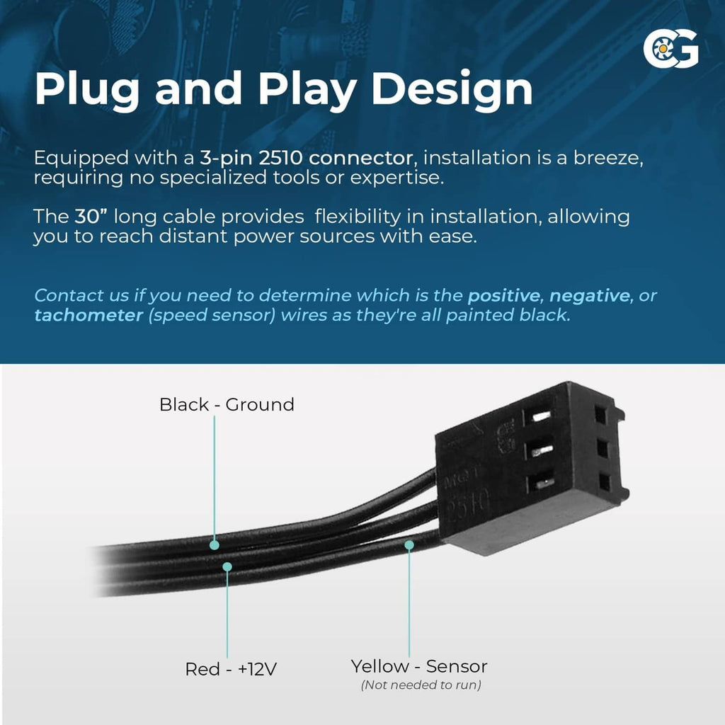 3-pin connector and black cable attached to a DC cooling fan