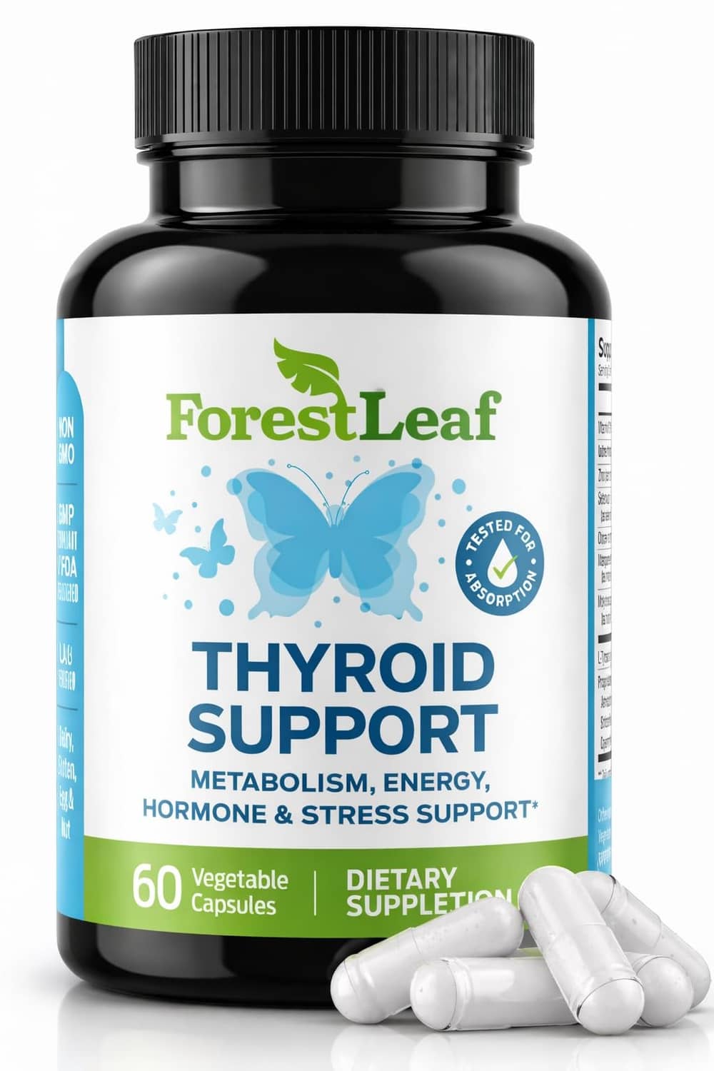 Thyroid support supplement bottle, black with ForestLeaf label and blue butterfly graphic