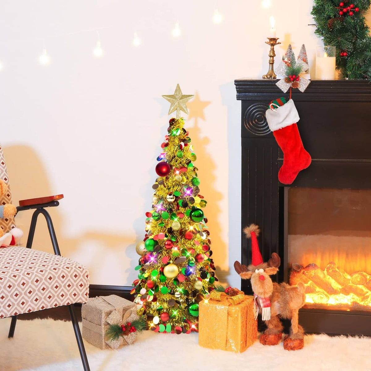 3ft pop-up Christmas tree with star topper, multicolor ornaments and warm white LED lights