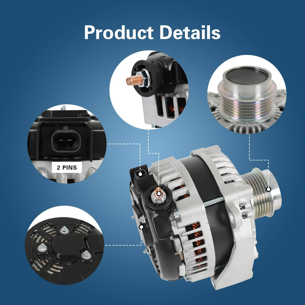 Alternator with vented silver casing and black connector, showing electrical terminals
