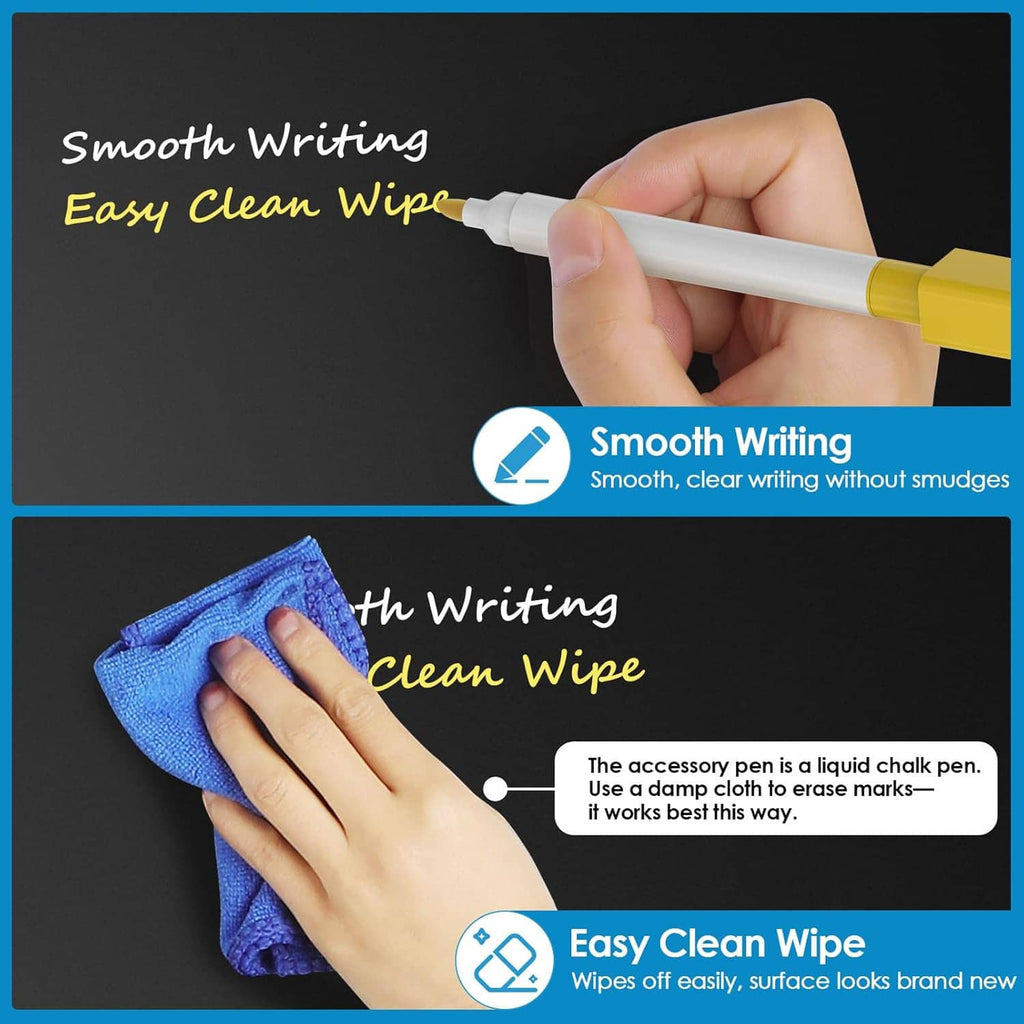 Black dry erase board with marker writing and wipe-cleaning with cloth