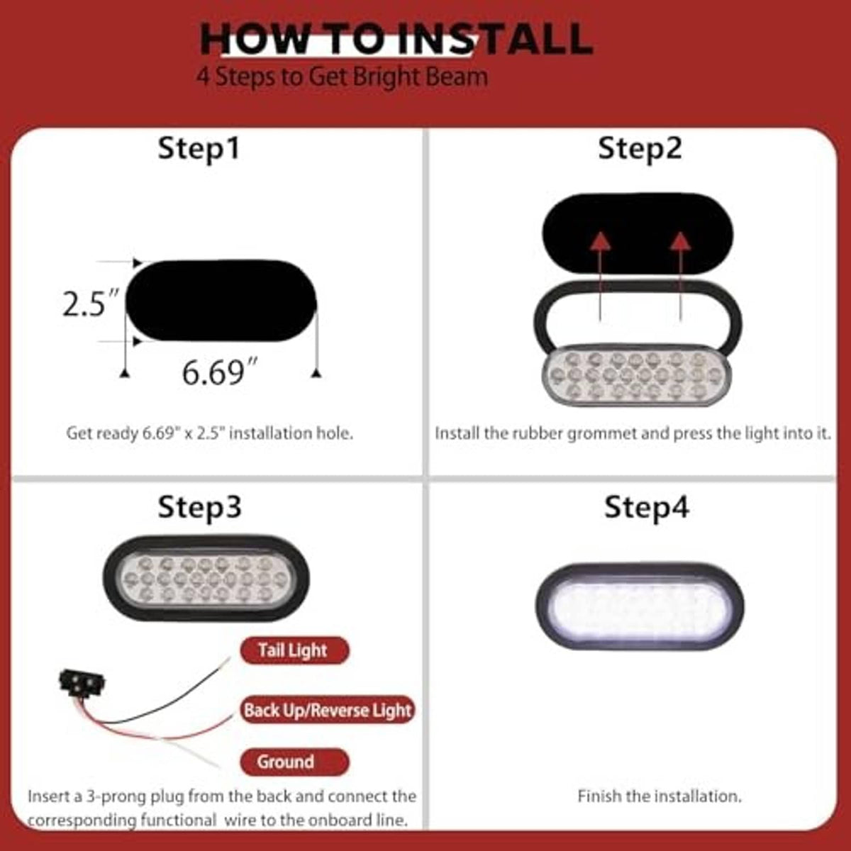 Oval LED tail light installation view with rubber grommet and 3-prong plug