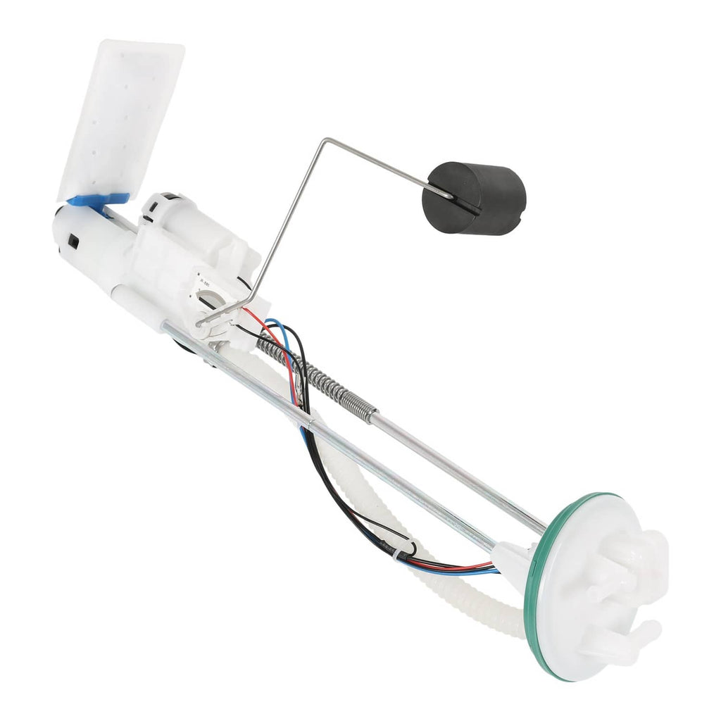 Fuel pump assembly with white pump module, long metal tube, and green fuel cap