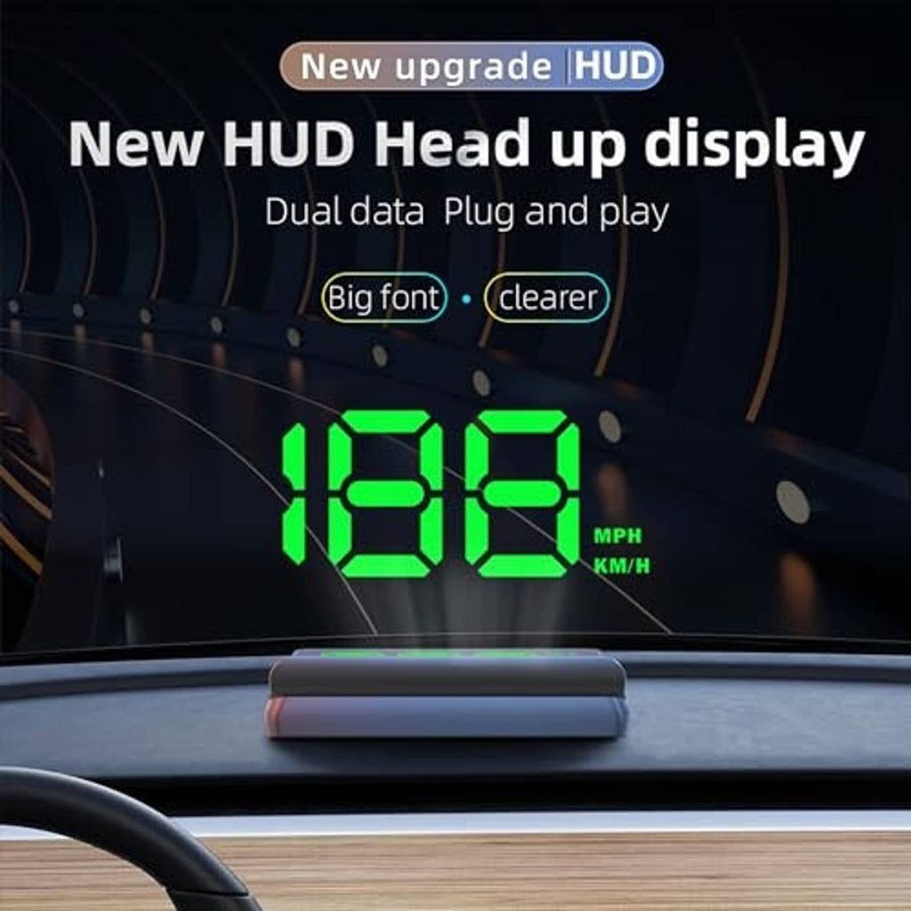 HUD head-up display with integrated visor, showing bright green speed digits on the dashboard