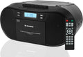 Black portable CD and cassette player with built-in speaker and volume control panel