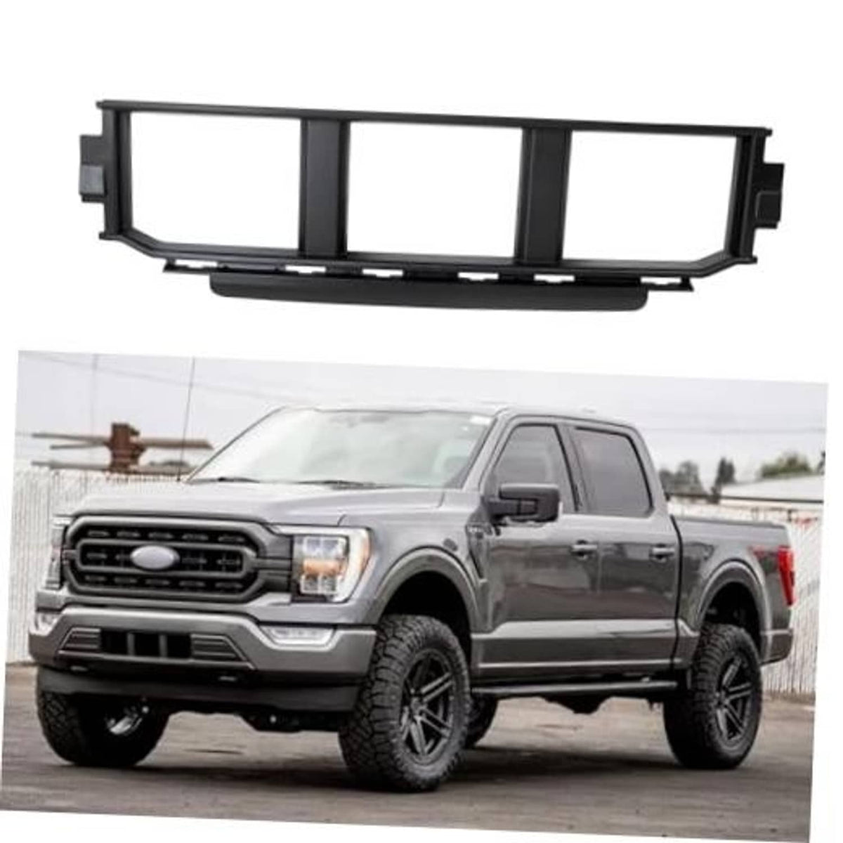Black front lower bumper grille insert with three vertical bars and mounting tabs