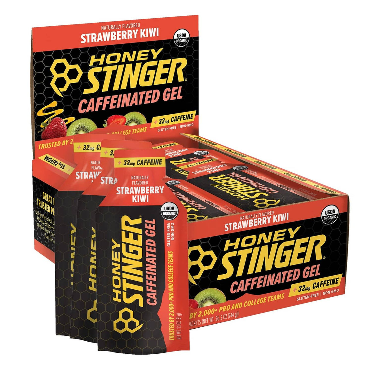 Strawberry kiwi caffeinated honey gel pouch, Honey Stinger branding in red and black