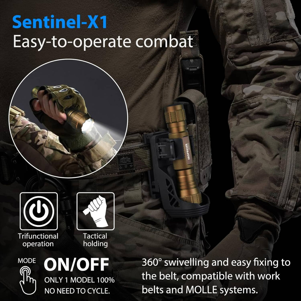 Bronze tactical flashlight on a black holster with belt attachment